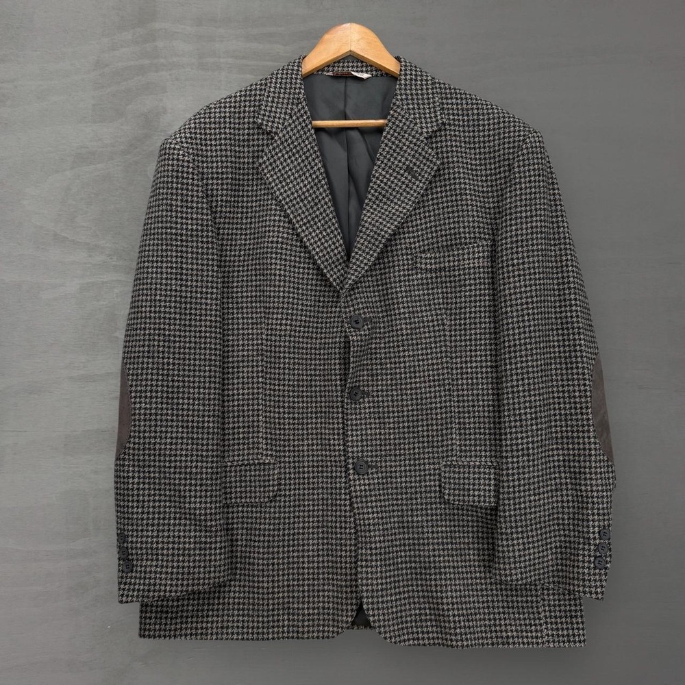 Stafford Blazer Sport Coat Black Tan Houndstooth Elbow Patches 46R